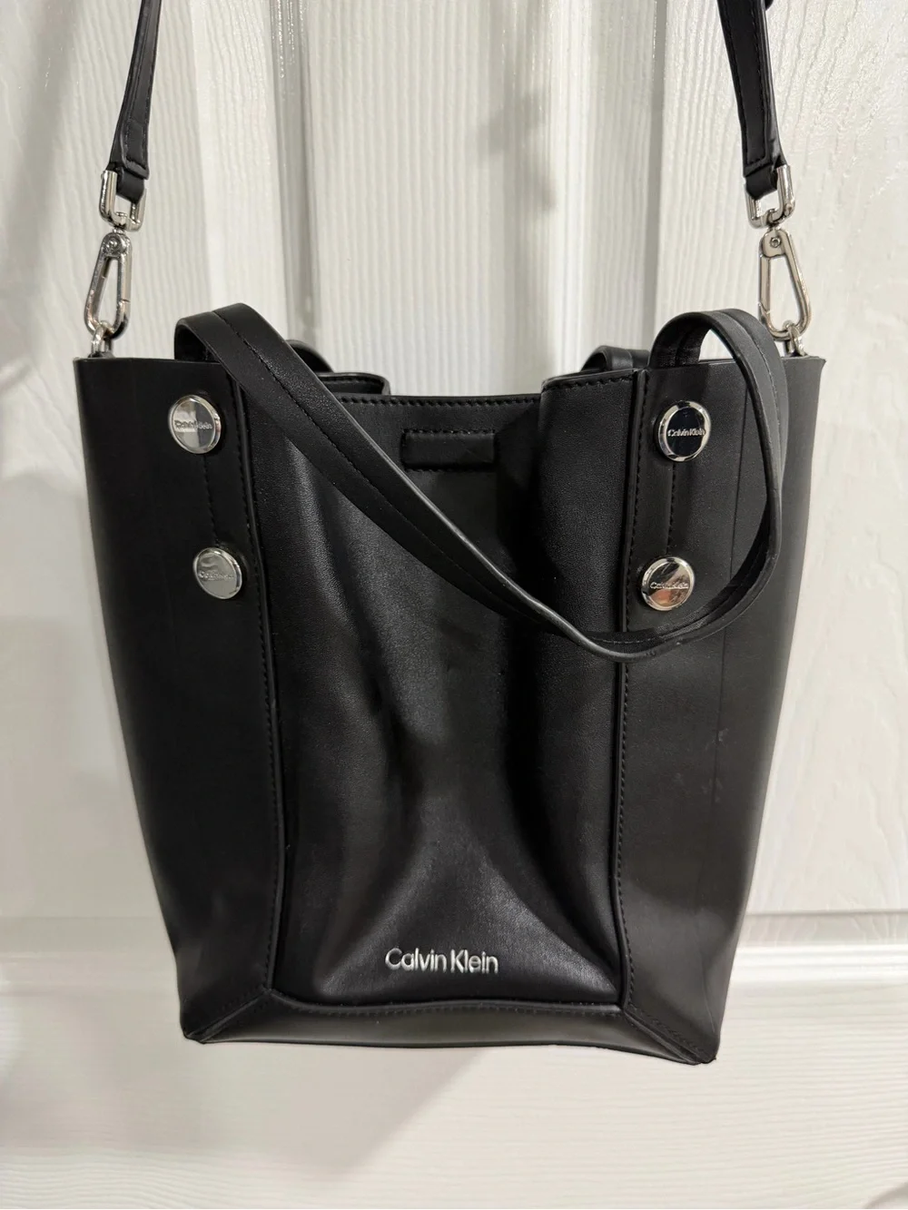Calvin Klein Black Leather Shoulder Bucket Bag with Silver Hardware